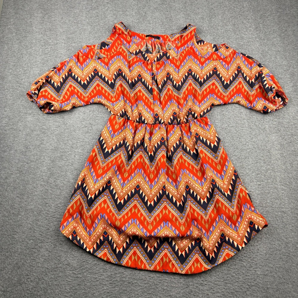 Xtaren Cold Shoulder Chevron L Mini Dress Orange Blue Geometric Elastic Waist‎